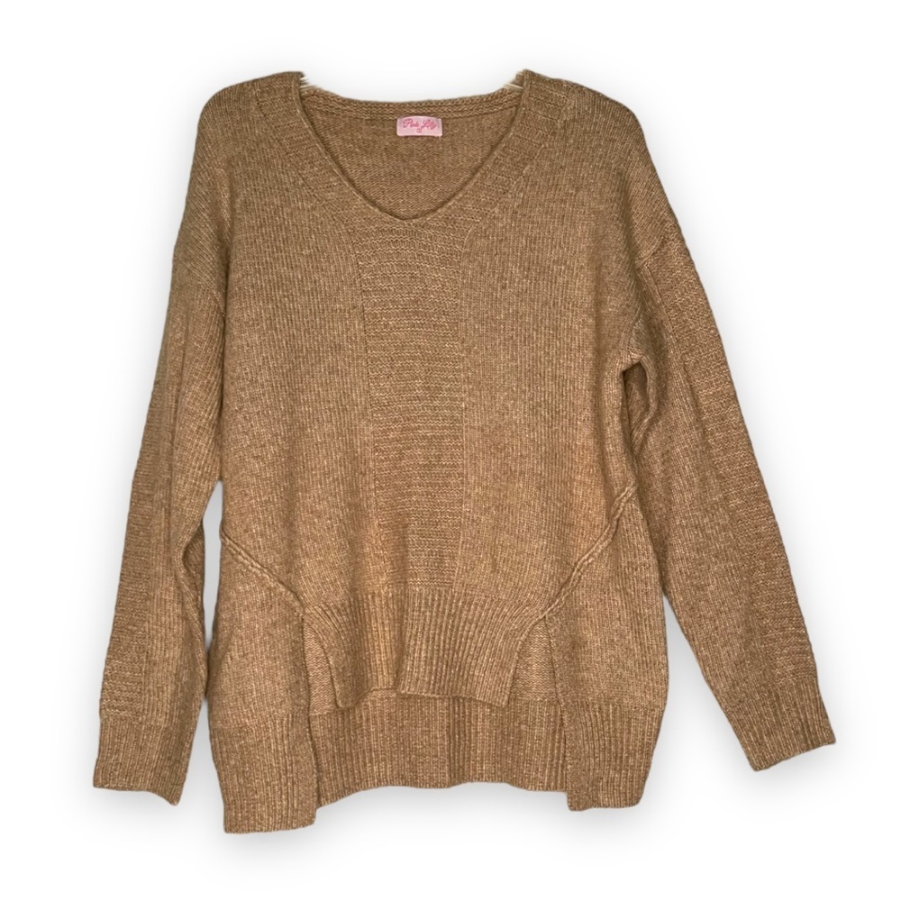 Pink Lily Tan Sweater Soft Comfy Stretchy Unique Notched Hem Small